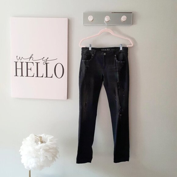 EUC Grace in LA black braided trim accent skinny denim jeans, 30 - Picture 9 of 15